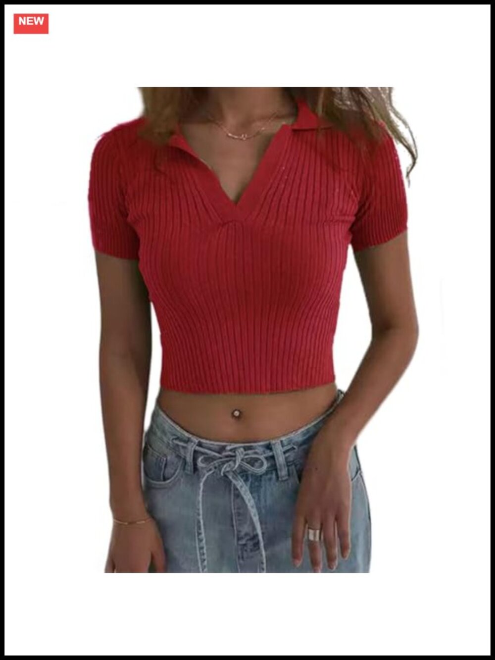 Women's Knit Crop Polo Shirt Short Sleeve Ribbed Collared V-Neck Fitted Top